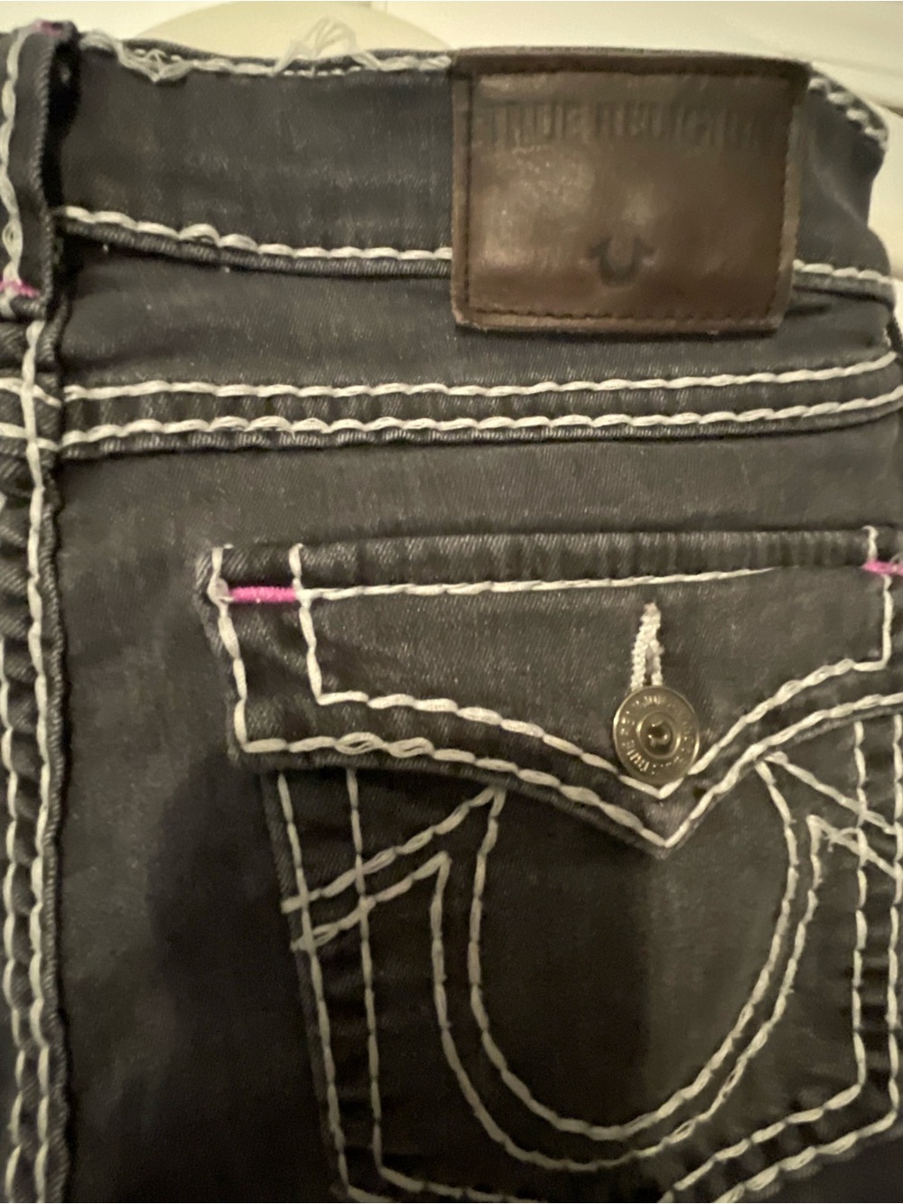 True Religion Black/Charcoal Jeans with White Stitching and Pink Accents